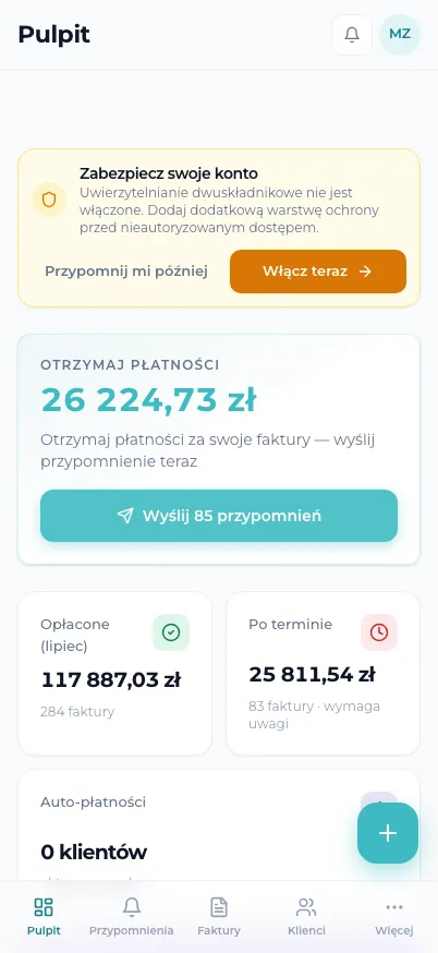 Panel Terminovo z łącznym saldem do odzyskania, listą klientów po terminie i statusem automatyzacji