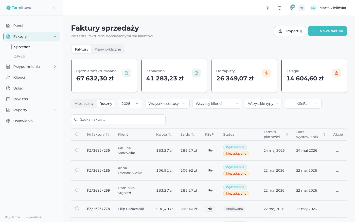Podgląd faktury elektronicznej w Terminovo z integracją KSeF