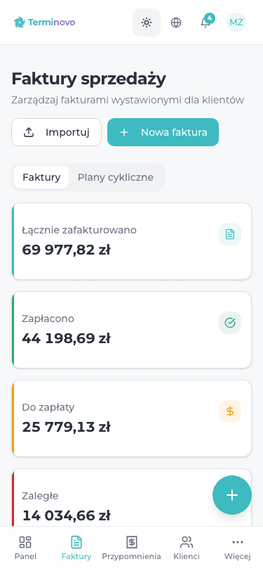 Panel Terminovo na telefonie — przegląd faktur i szybkie akcje