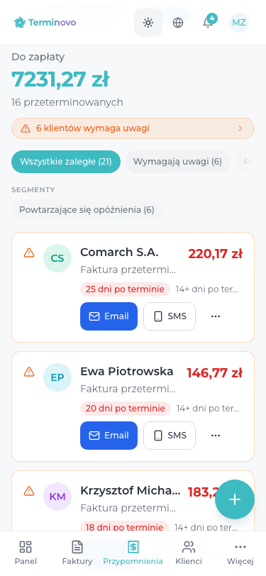 Szablony wiadomości na telefonie — automatyczna oś czasu przypomnień e-mail i SMS