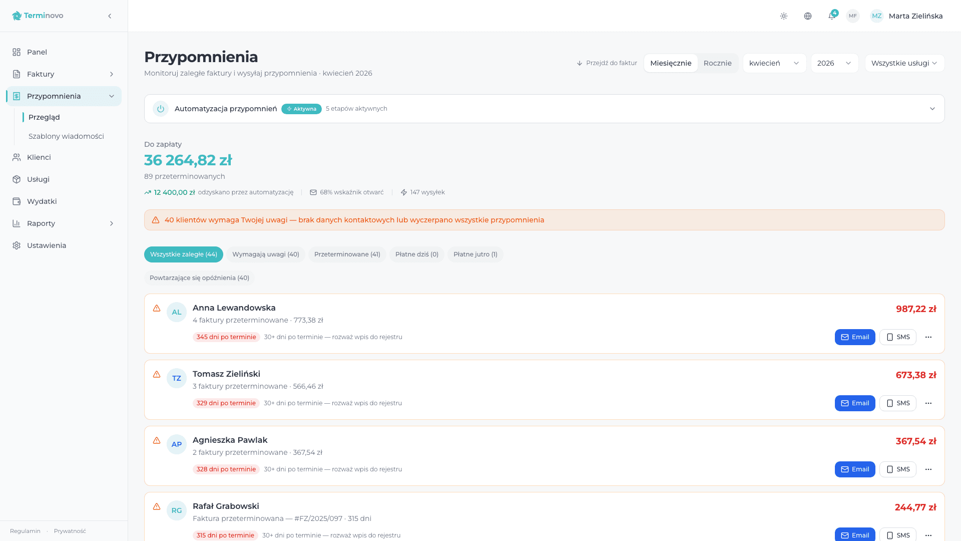 Odzyskiwanie płatności online: automatyczna oś czasu działań i podsumowanie zleceń płatności w Terminovo