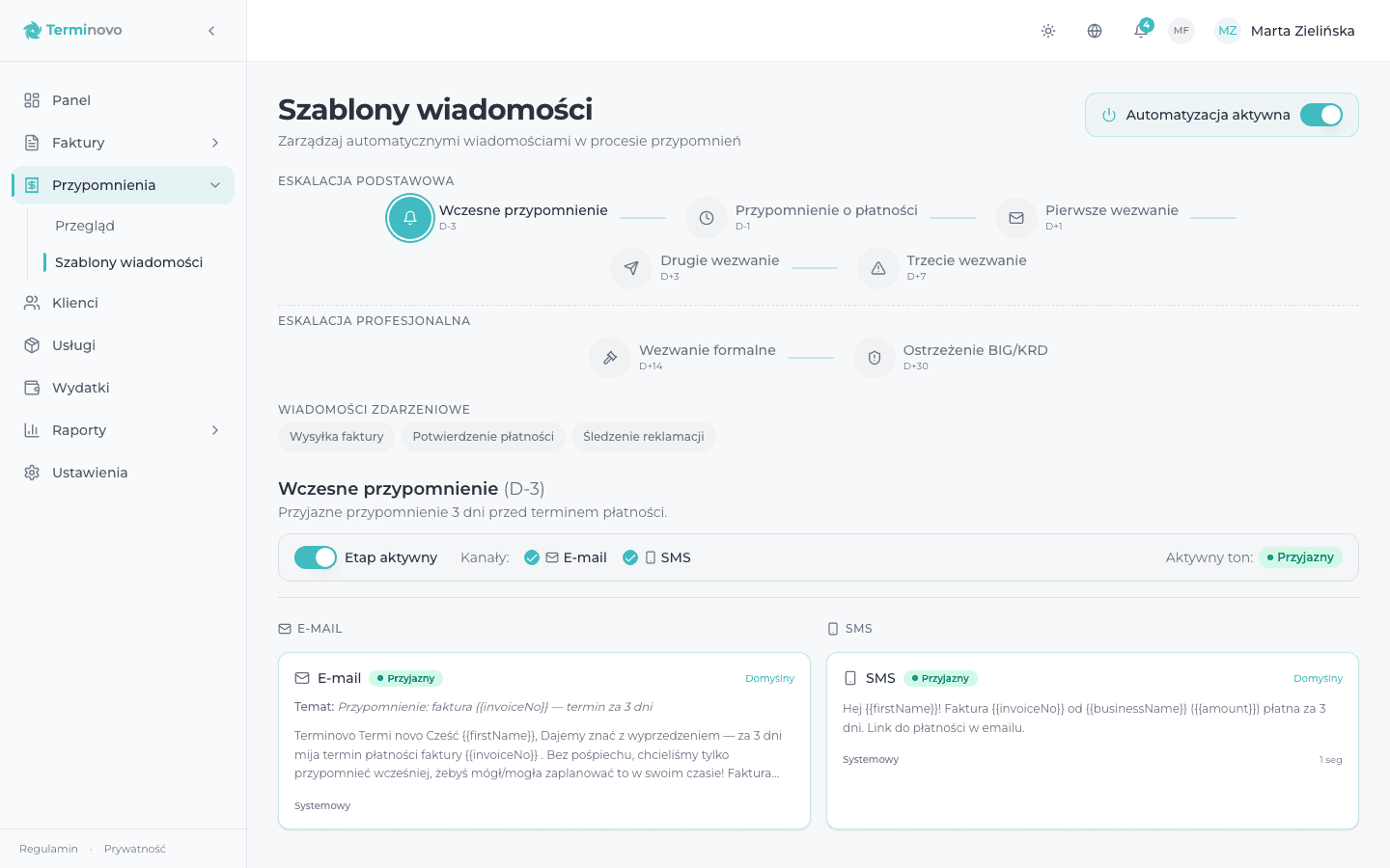 Szablony eskalacji: oś czasu D-3 do D+30, eskalacja podstawowa i profesjonalna, kanały e-mail i SMS, ustawienia tonu